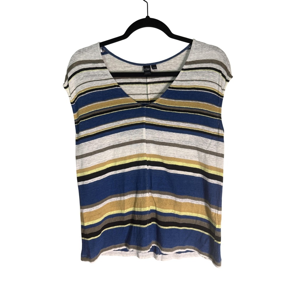 ICONE Simons 100% Linen Striped V-Neck Sleeveless Knit‎ Top Blue Yellow Small